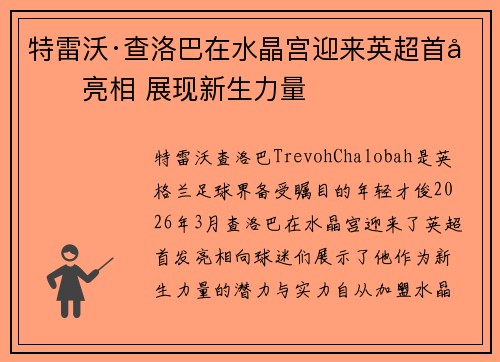特雷沃·查洛巴在水晶宫迎来英超首发亮相 展现新生力量